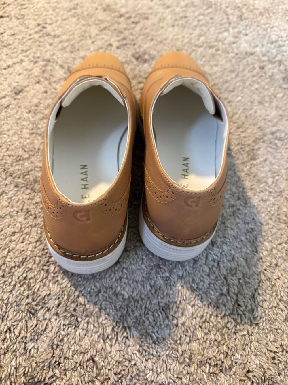 Women’s Tan Leather Cole Haan Slip-On Brogue Platform Loafers, 8.5, worn twice - Picture 2 of 3